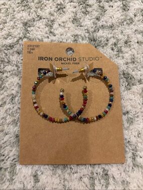 Southwest Multicolor Beaded Hoop Earrings Iron Orchid Studio NWT 1.5”